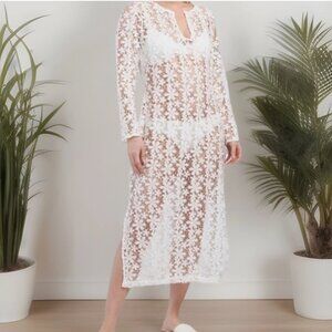 NWT 4Our Dreamers White Floral Lace O Embroidered Swim Cover Up Caftan